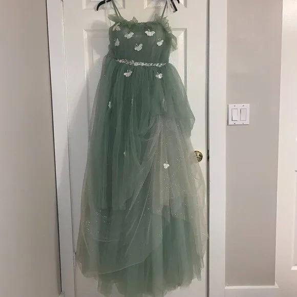 green emerald velvet dress 3D Butterfly Off Shoulder Corset Gown by GLS Gloria GL3296 L / Sage